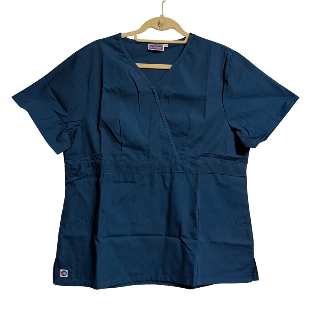 Sivvan S8302 Caribbean‎ Blue Mock Wrap Empire Waist Scrub Top XL NWOT